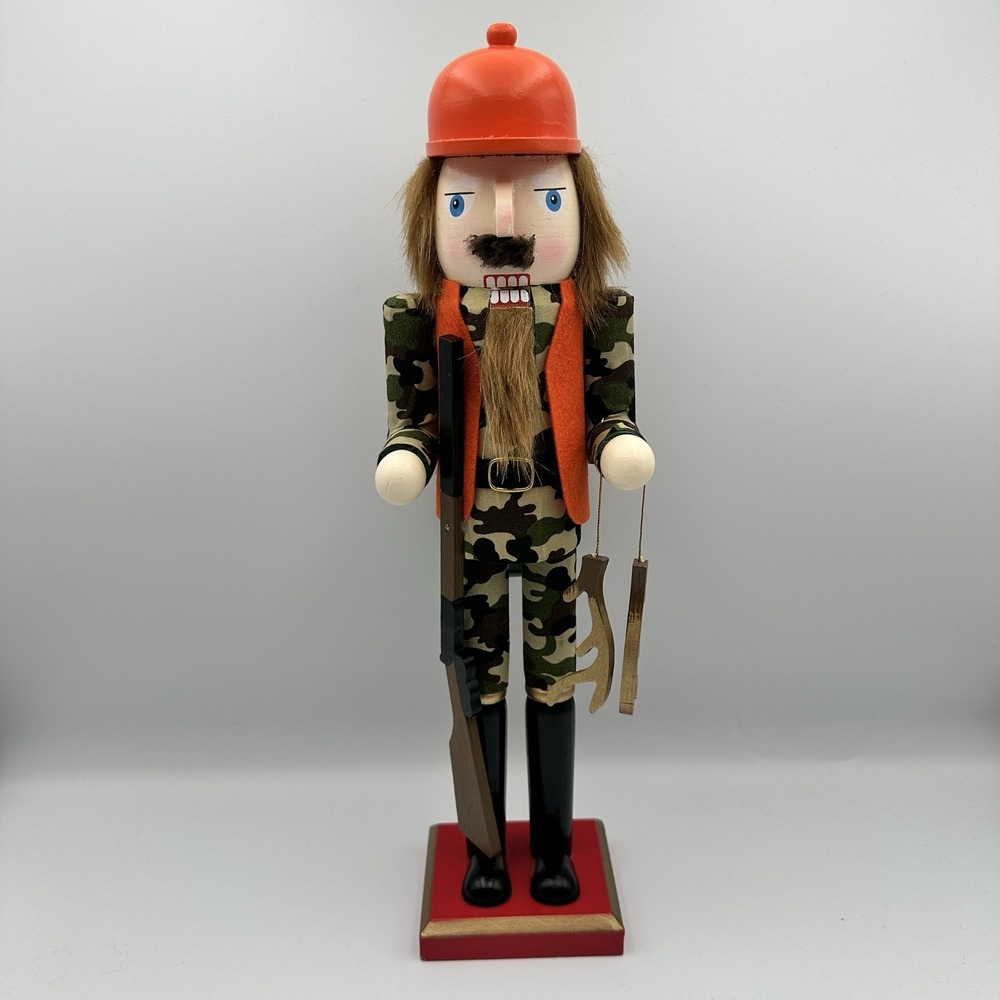 Holiday Style Wooden Christmas Nutcracker 14in Hunter Orange Hat Rifle Camo
